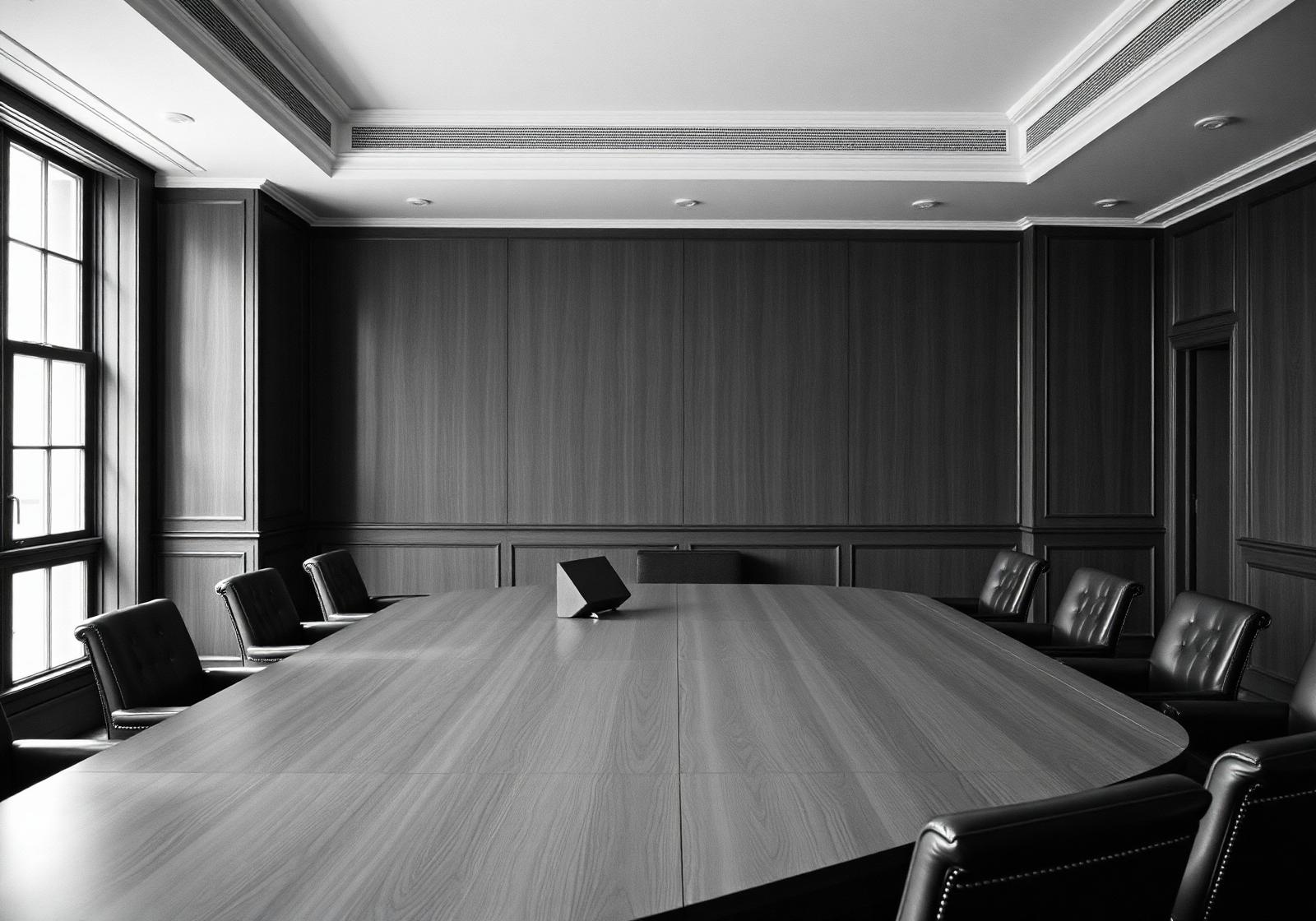 An empty refined boardroom prepared for an invitation-only executive assembly.